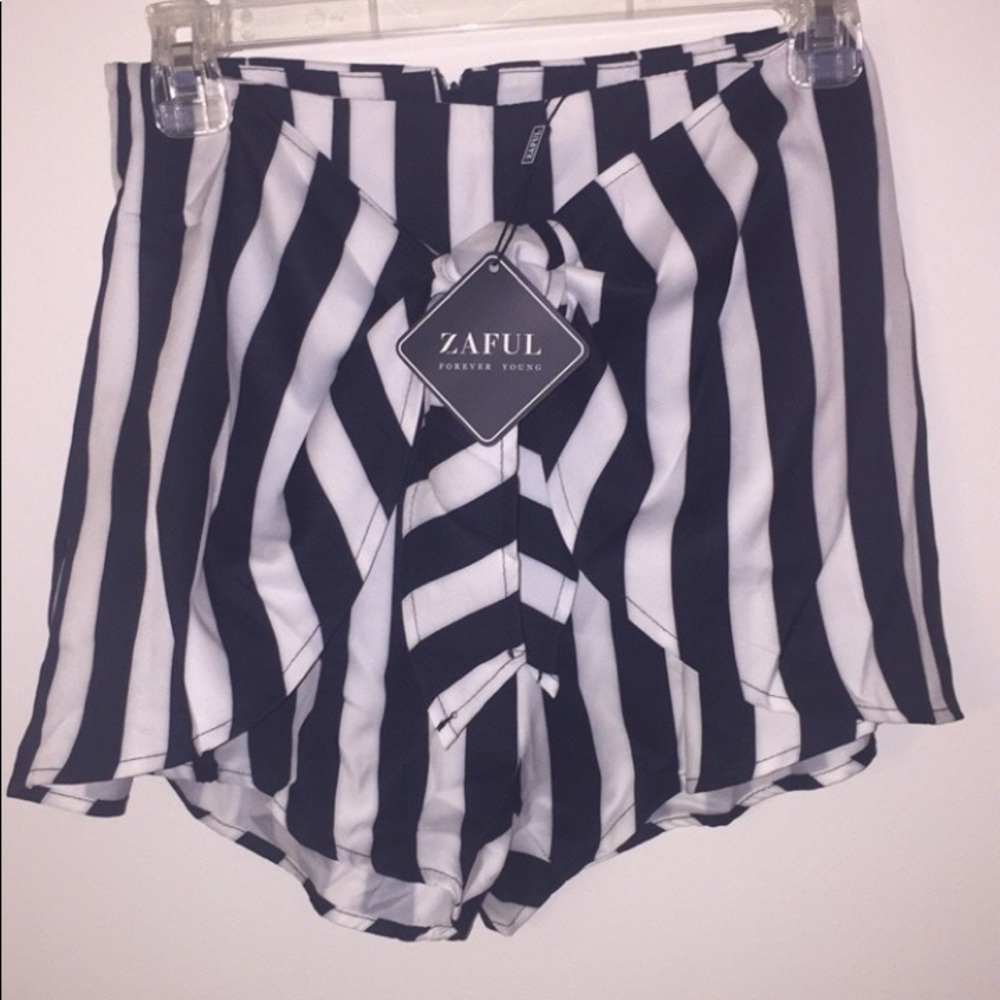 Black and white striped tie up shorts